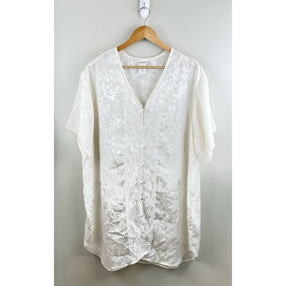 Adonna Ivory Floral Embossed Satin Sleepshirt Gown Button Front XL 90's